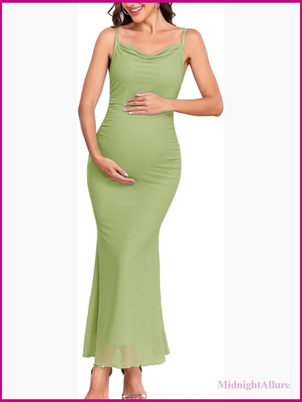 Maternity Cowl Neck Mesh Dress Spaghetti Strap Ruched Bodycon Mermaid Gown for